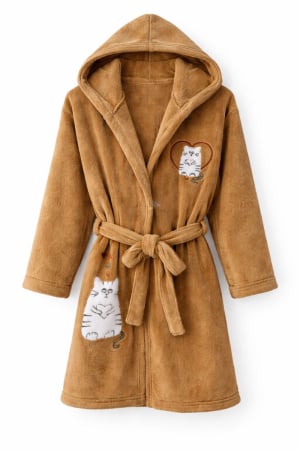 Halate - Halat damă cocolino maro cu glugă, broderie pisică și cordon