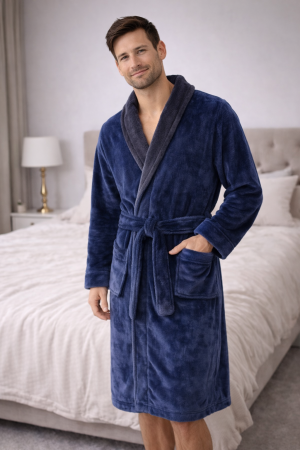 Halate - Halat de baie bărbați, albastru închis cu guler contrast gri, pufos, moale și elegant, stil premium