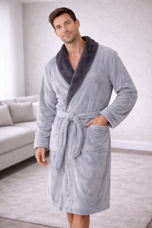 Halate - Halat de baie bărbați gri deschis cu guler contrast închis, pufos, moale, confort premium