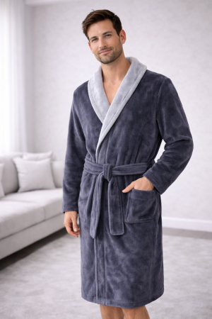 Halate - Halat de baie bărbați, pufos, gri cu interior contrast, moale și confortabil, stil premium