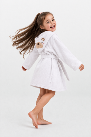 Halate Copii - Halat de baie copii 100% bumbac, alb cu glugă ursuleț, moale și absorbant