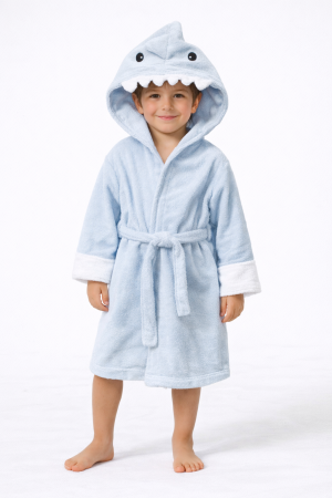 Halate Copii - Halat de baie copii albastru „Shark” – 100% bumbac, cu glugă, moale și absorbant