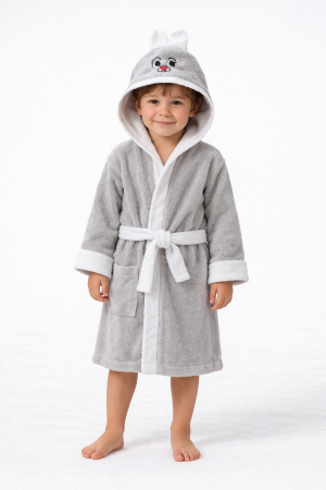 Halate Copii - Halat de baie copii gri „Bunny” – bumbac absorbant, cu glugă, moale și confortabil