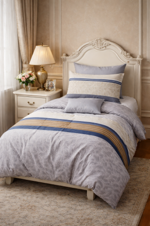 Lenjerii de pat - Lenjerie de pat 1 persoană, 140x200 cm, 2 fețe de pernă (70x90 + 40x50), model elegant gri cu dungi albastre și bej