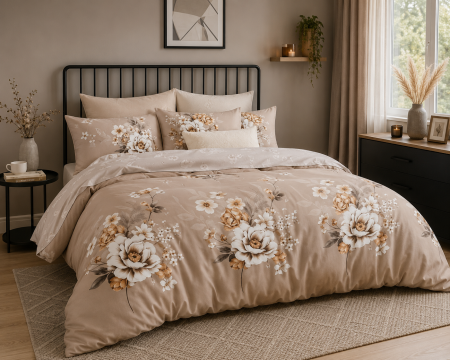 Lenjerii de pat 99 de lei - Lenjerie de pat 4 piese din bumbac, model Floral Bej, față pilotă 180x230 cm, cearceaf 200x230 cm, 2 fețe de pernă 50x70 cm