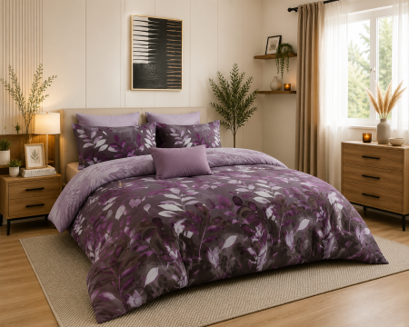 Lenjerii de pat 99 de lei - Lenjerie de pat 4 piese din bumbac, model Floral Mov, față pilotă 180x230 cm, cearceaf 200x230 cm, 2 fețe de pernă 50x70 cm