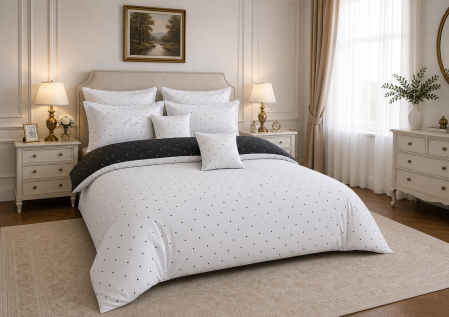 Lenjerie de pat 6 piese alb cu negru elegant, 200x220 cm – bumbac [0]