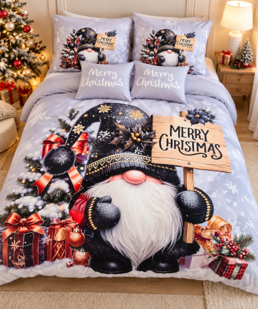 Lenjerii de pat pentru copii - Lenjerie de Pat Crăciun 3 Piese din Bumbac, 140x200 cm, Model Moș Crăciun Gnom, Merry Christmas