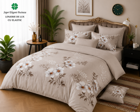 Articole de casa - Lenjerie de Pat Luxury Beige Floral cu Elastic – 6 Piese din Bumbac Finet, 200x220 cm