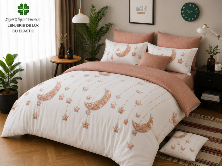 Articole de casa - Lenjerie de Pat Luxury Beige Moon cu Elastic – 6 Piese din Bumbac Finet, 200x220 cm