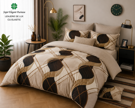 Articole de casa - Lenjerie de Pat Luxury Beige Stars cu Elastic – 6 Piese din Bumbac Finet, 200x220 cm