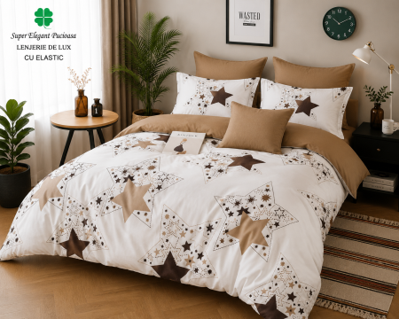 Articole de casa - Lenjerie de Pat Luxury Beige Stars cu Elastic – 6 Piese din Bumbac Finet, 200x220 cm