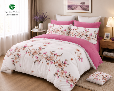 Lenjerii de pat doua persoane - Lenjerie de Pat Luxury Floral Roz cu Elastic – 6 Piese din Bumbac Finet, 200x220 cm