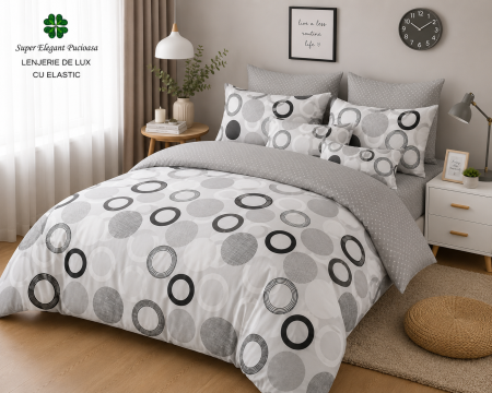 Articole de casa - Lenjerie de Pat Luxury Gri Modern cu Elastic – 6 Piese din Bumbac Finet, 200x220 cm