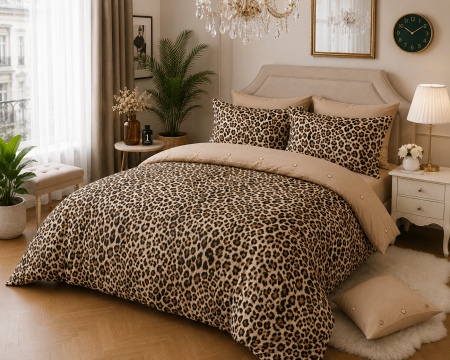 Articole de casa - Lenjerie de Pat Luxury Leopard Beige cu Elastic – 6 Piese din Bumbac Finet, 200x220 cm