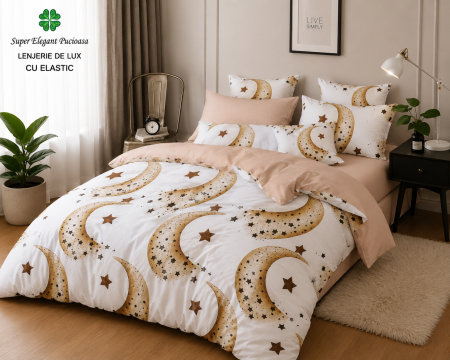Articole de casa - Lenjerie de Pat Luxury Moon Gold cu Elastic – 6 Piese din Bumbac Finet, 200x220 cm
