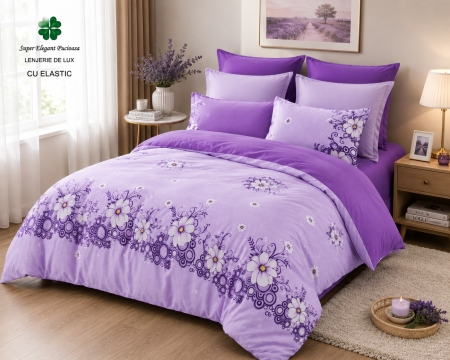 Lenjerii de pat doua persoane - Lenjerie de Pat Luxury Mov Floral cu Elastic – 6 Piese din Bumbac Finet, 200x220 cm