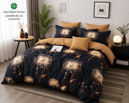 Articole de casa - Lenjerie de Pat Luxury Negru cu Auriu Floral – 6 Piese din Bumbac Finet, 200x220 cm