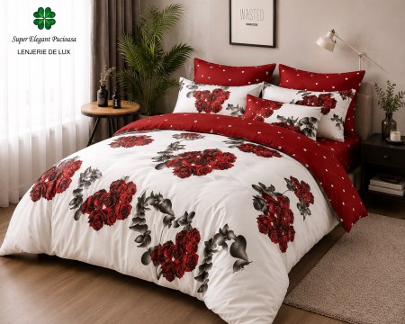 Lenjerii de pat doua persoane - Lenjerie de Pat Luxury Roșu Floral cu Elastic – 6 Piese din Bumbac Finet, 200x220 cm