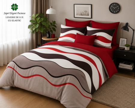 Articole de casa - Lenjerie de Pat Luxury Roșu Modern cu Elastic – 6 Piese din Bumbac Finet, 200x220 cm