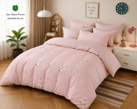Lenjerii de pat doua persoane - Lenjerie de Pat Luxury Roz Pudrat cu Elastic – 6 Piese din Bumbac Finet, 200x220 cm