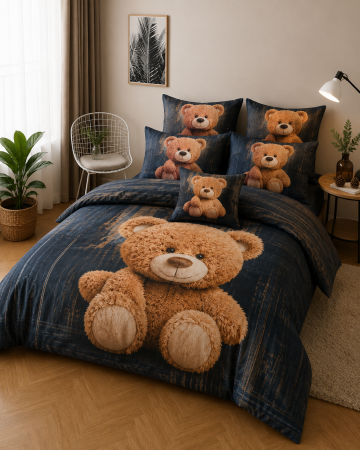 Lenjerii de pat doua persoane - Lenjerie de Pat Luxury Teddy Black cu Elastic – 6 Piese din Bumbac Finet, 200x220 cm