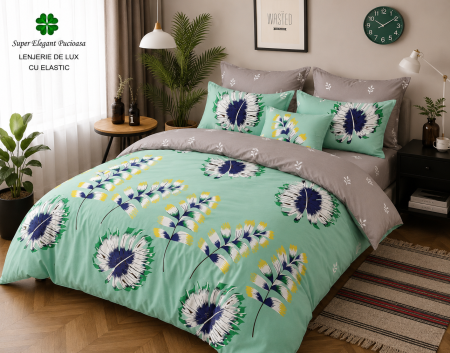 Articole de casa - Lenjerie de Pat Luxury Turcoaz Floral cu Elastic – 6 Piese din Bumbac Finet, 200x220 cm