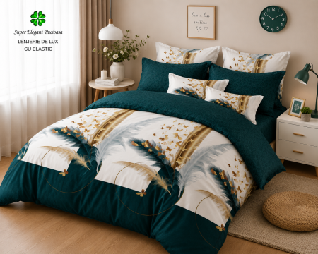 Lenjerii de pat doua persoane - Lenjerie de Pat Luxury Verde Smarald cu Elastic – 6 Piese din Bumbac Finet, 200x220 cm