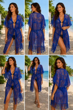 Pareo - Pareo de Plajă din Dantelă Albastră cu Franjuri – Elegant și Feminin