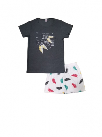 Pijamale - Pijama dama tricou si pantalon scurt, Gri Inchis cu Imprimeu