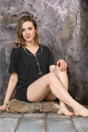 Pijamale - Pijama Dama Tricou si Pantalon Scurt cu Nasturi, Negru
