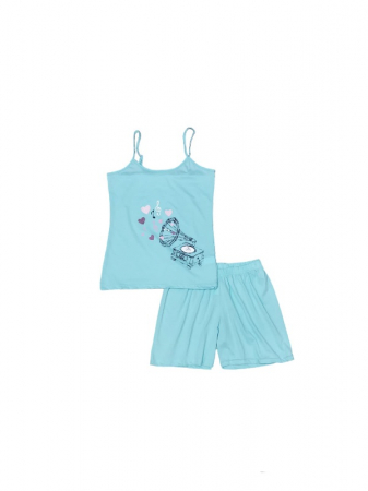 Pijamale - Pijama dama din bumbac, maiou si pantalon scurt, albastru cu print