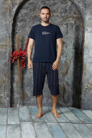 Pijama Bărbați Tricou și Pantalon 3/4 , Bleumarin cu Dungi [0]