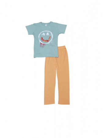 Pijamale - Pijama  Fete  Tricou si Pantalon Lung,  Verde cu Portocaliu