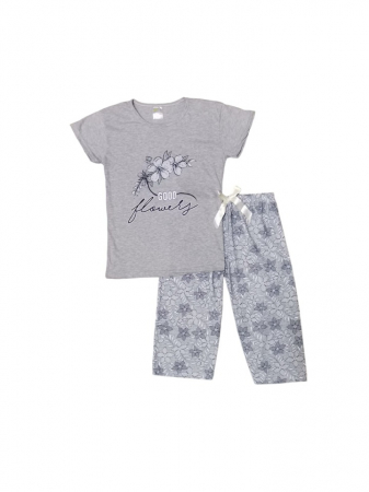 Pijama - Pijama dama din bumbac, tricou si pantalon 3/4, Gri