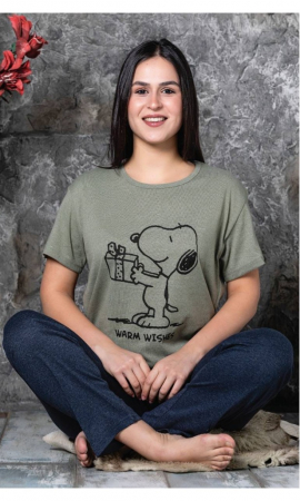 Pijamale - Pijama Dama, tricou si pantalon lung, Verde cu Snoopy
