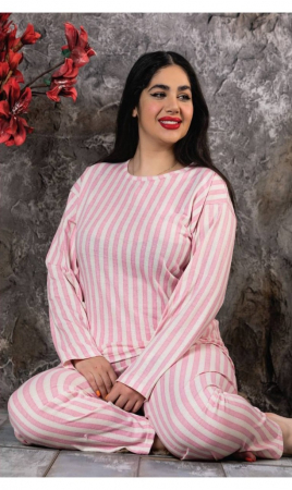 Pijamale - Pijama Dama din Bumbac, Roz cu Dungi, Marime Mare