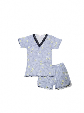 Pijamale - Pijama dama tricou si pantalon scurt, Albastru cu Imprimeu Floral si Insertie Dantela