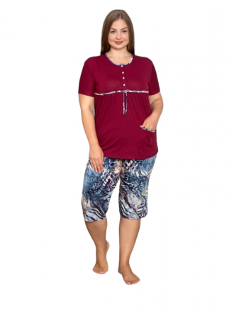 Pijama dama tricou si pantalon 3/4, marime mare, visiniu [0]