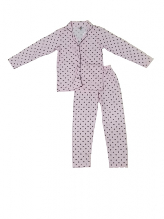 Fete - Pijama din Bumbac pentru Fete, Roz cu Buline si Nasturi