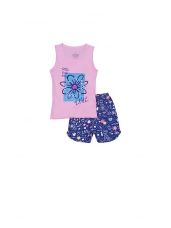 Copii - Pijama de Vară pentru Fete , Maiou si Pantalon Scurt, Roz cu Flori