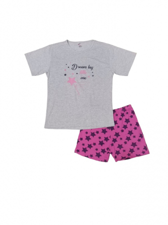 Pijamale - Pijama dama tricou si pantalon scurt, Gri cu Roz, Marime Mare