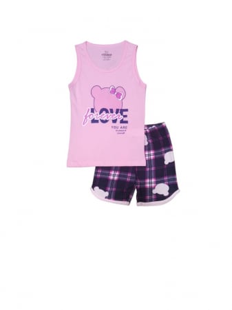 Copii - Pijama de Vară pentru Fete , Maiou si Pantalon Scurt, Roz cu Ursulet