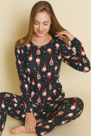Pijamale - Pijama damă bleumarin cu imprimeu de Crăciun – set confortabil din bumbac moale, cu mânecă lungă