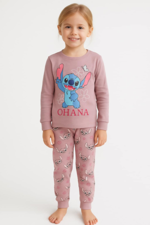 Pijamale cu lung - Pijamă fetițe din bumbac – model roz cu Stitch „Ohana”, moale și confortabilă