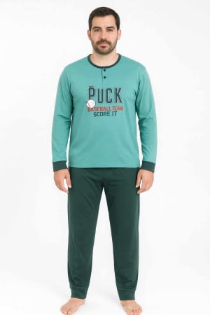 Pijamale - Pijama bărbați din bumbac „Baseball Team” – model verde cu mânecă lungă