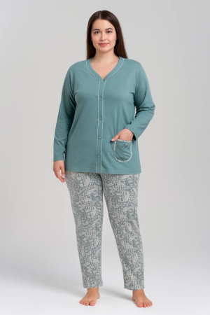 Pijamale - Pijama damă mărimi mari din bumbac – model verde cu pantaloni imprimeu geometric