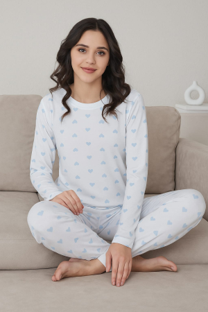 Pijamale - Pijama femei, Milan, Alb cu Inimioare Albastre