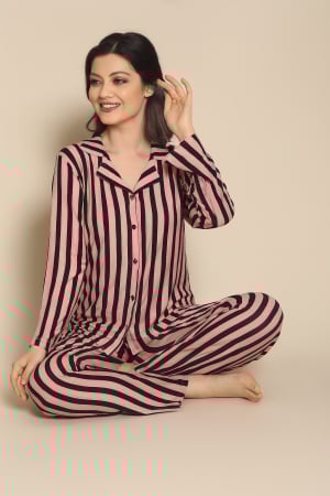Pijamale - Pijama femei, cu Nasturi, Roz cu dungi Negre