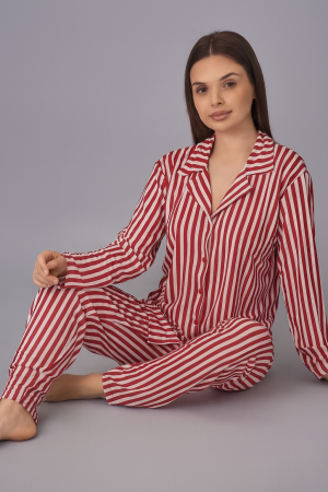 Pijamale - Pijama femei, cu Nasturi, Rosu cu dungi Negre